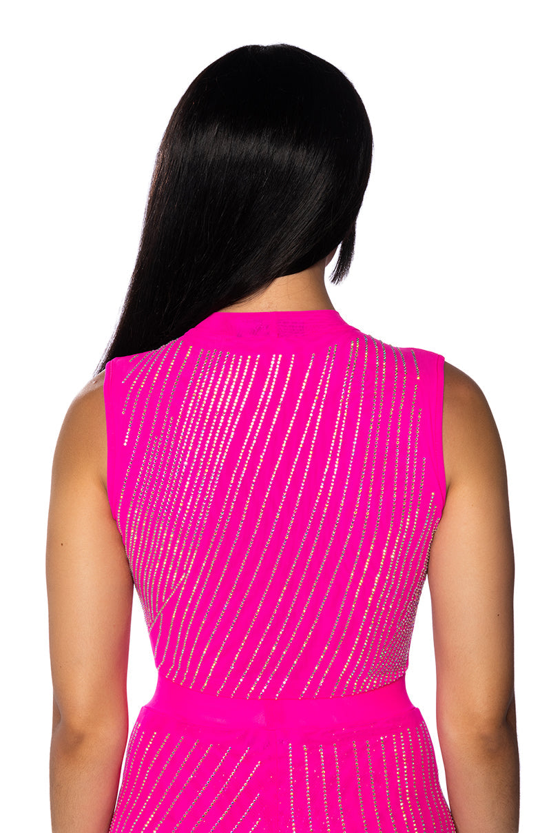 DIAMOND MESH SLEEVELESS BODYSUIT IN PINK