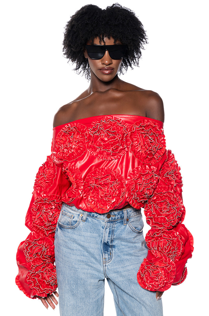 EASY FAUX LEATHER OFF THE SHOULDER SWEATSHIRT