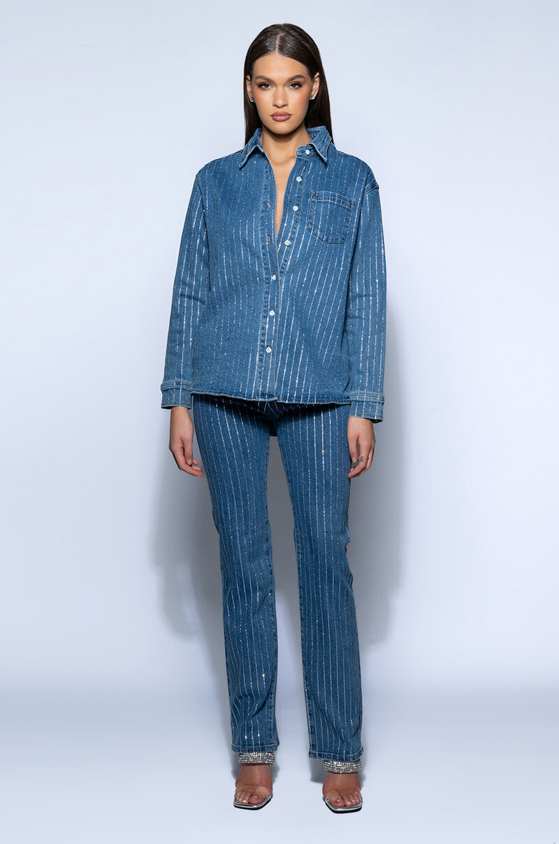 EFFORTLESS GLAM RHINESTONE STRIPE BUTTON DOWN SHIRT