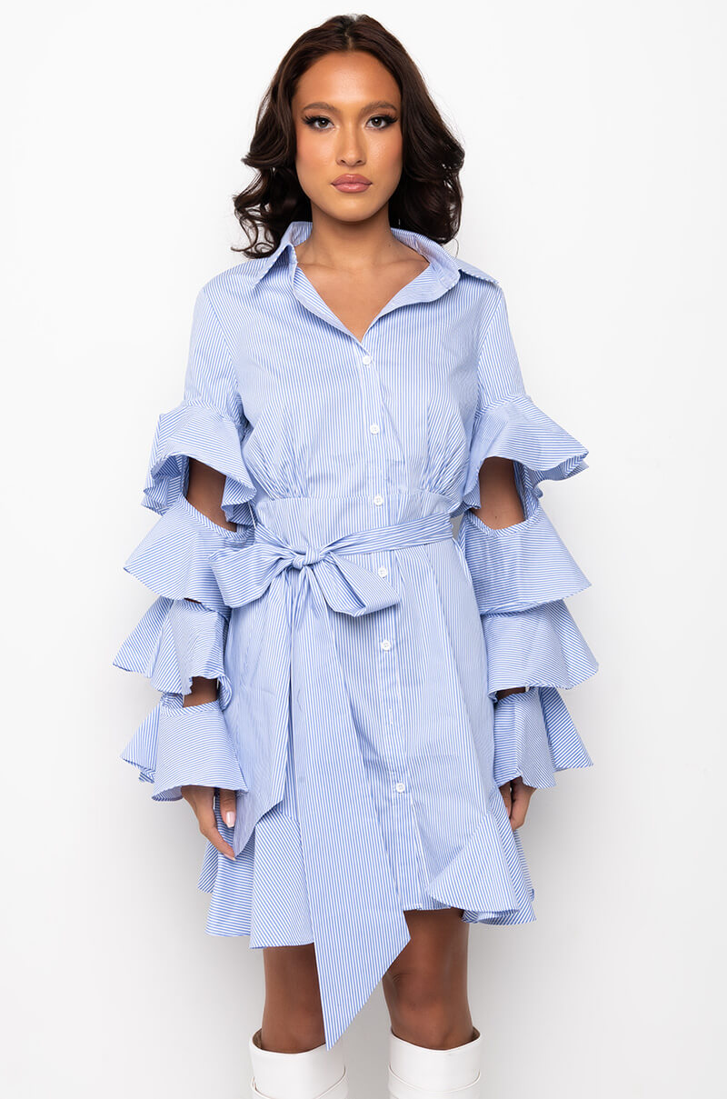 CUT OUT STRIPE POPLIN SHIRT DRESS