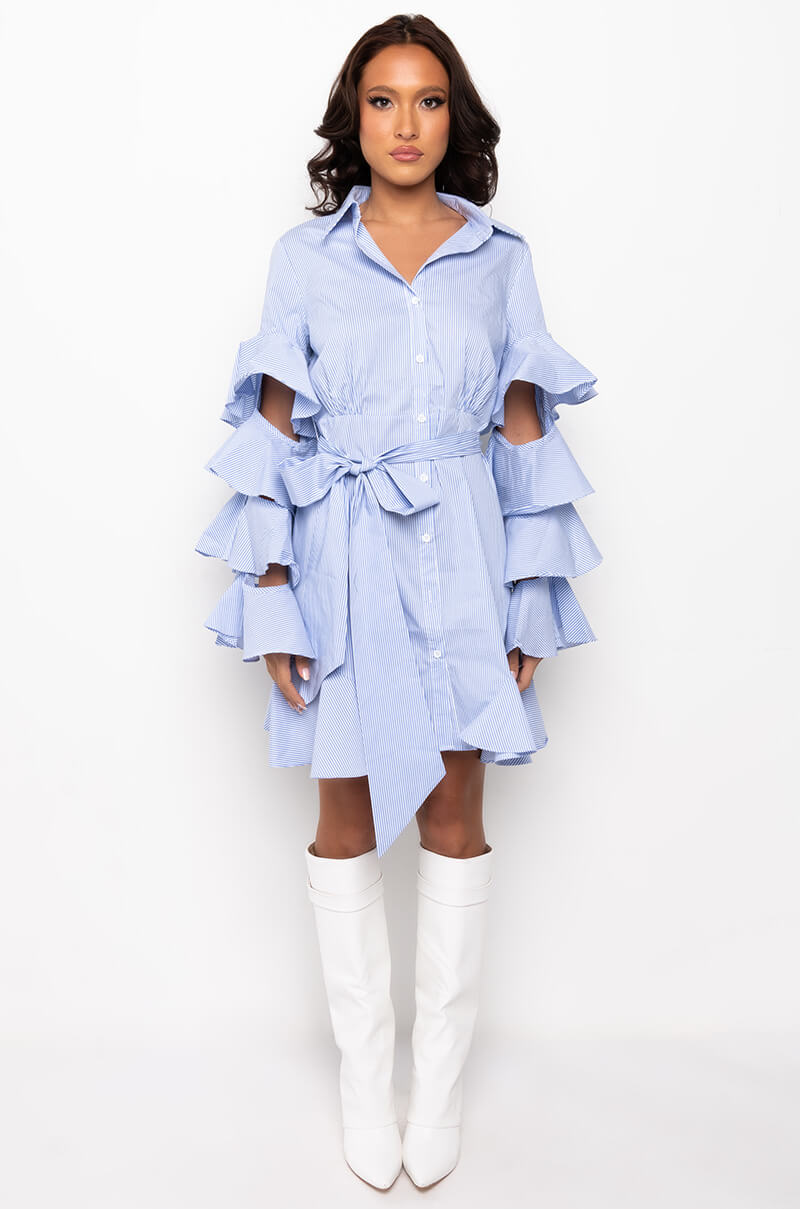 CUT OUT STRIPE POPLIN SHIRT DRESS