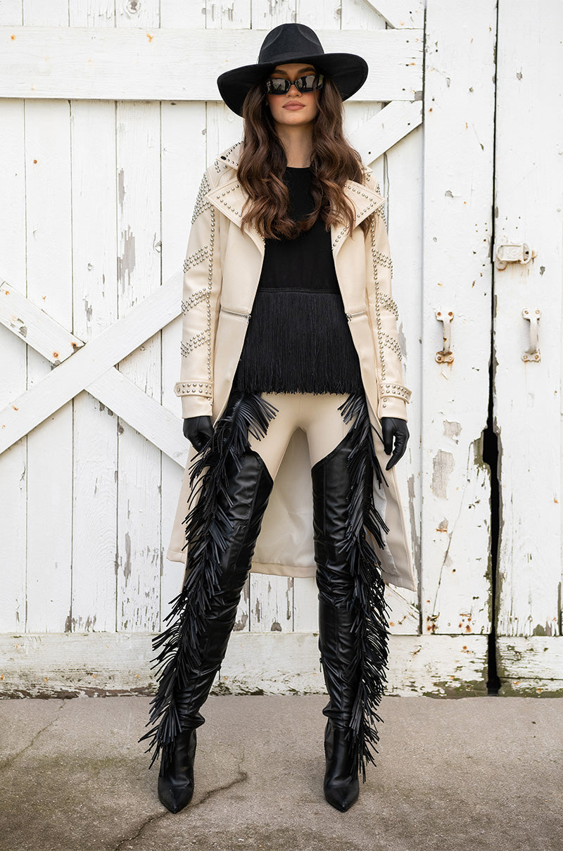 BEIGE PLEATHER TRENCH COAT WITH STUDS