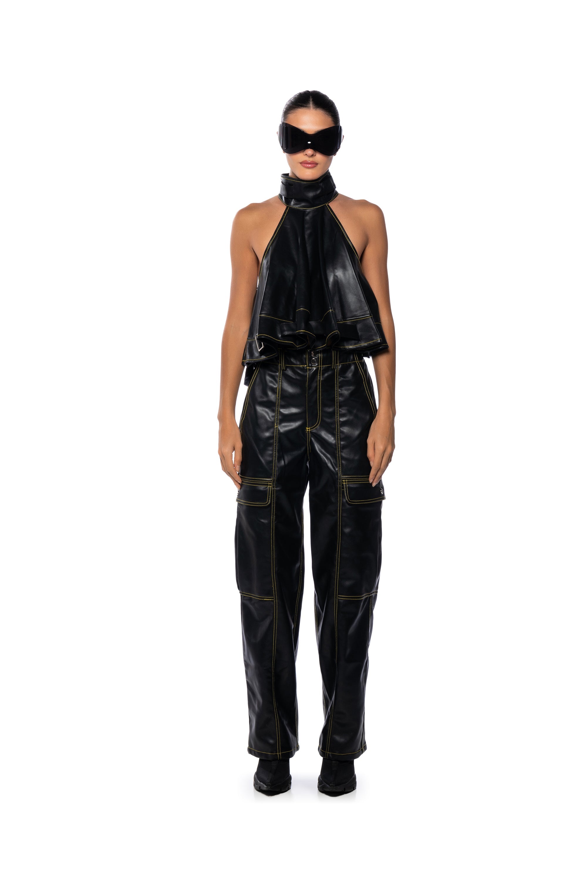 CASSIE BELTED HIGH NECK FAUX LEATHER TOP
